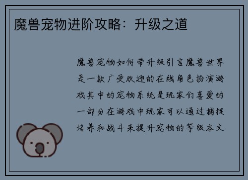 魔兽宠物进阶攻略：升级之道